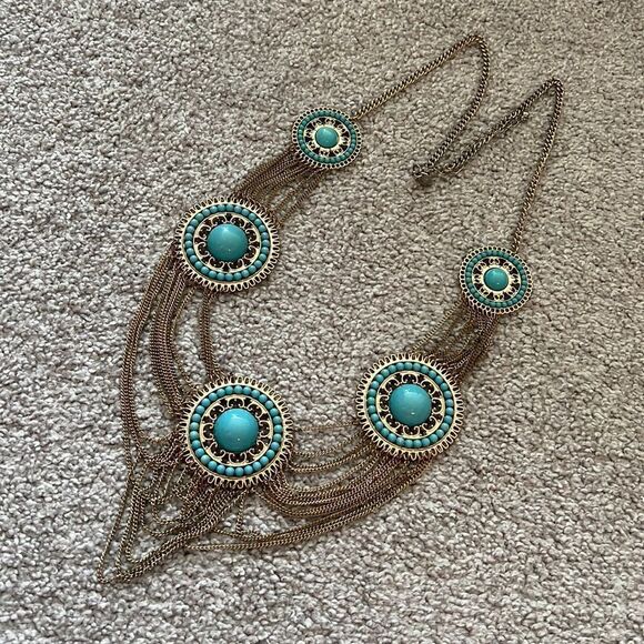 Charming Charlie gold and turquoise statement necklace - Picture 1 of 3